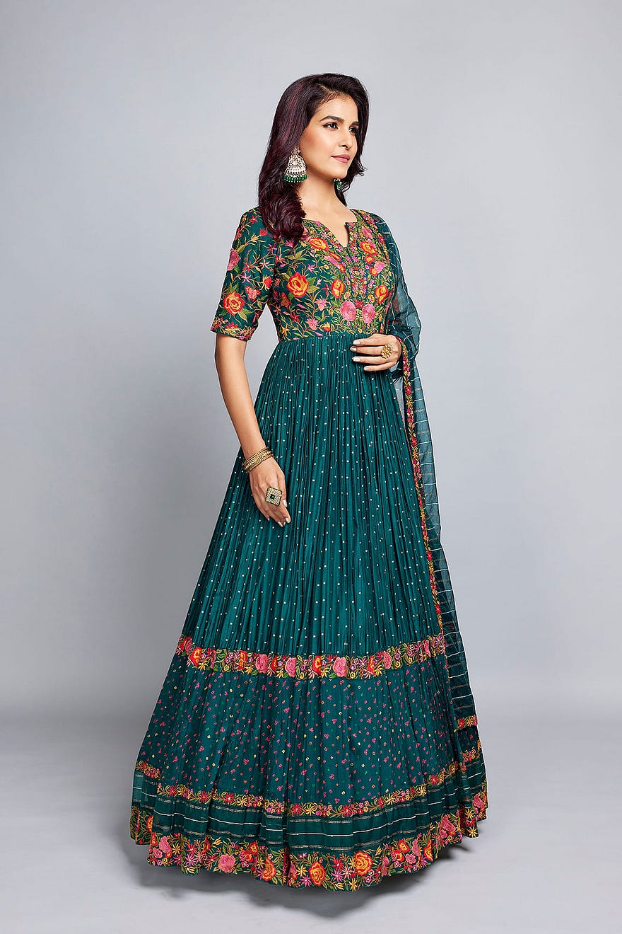 Green Silk Anarkali Salwar With Resham Work And Slit Neck Online at Samyakk