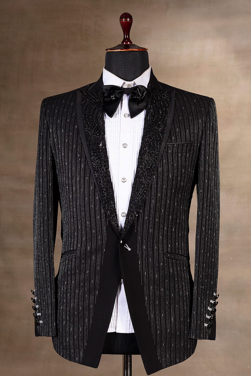 Black Bead Embroidered Bomario Tuxedo Suit Online at Samyakk