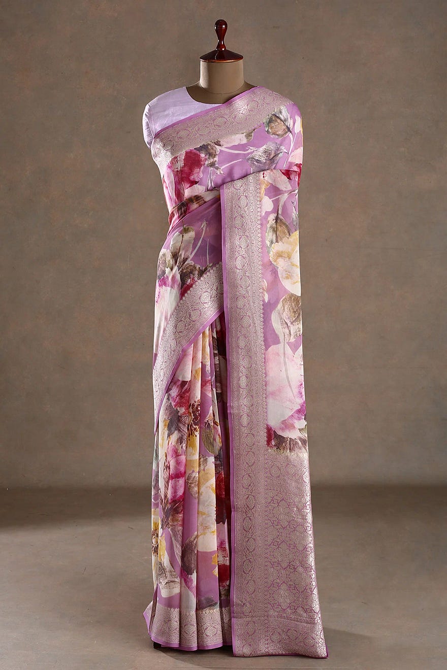 Lavender Floral Printed Georgette Saree Online at Samyakk