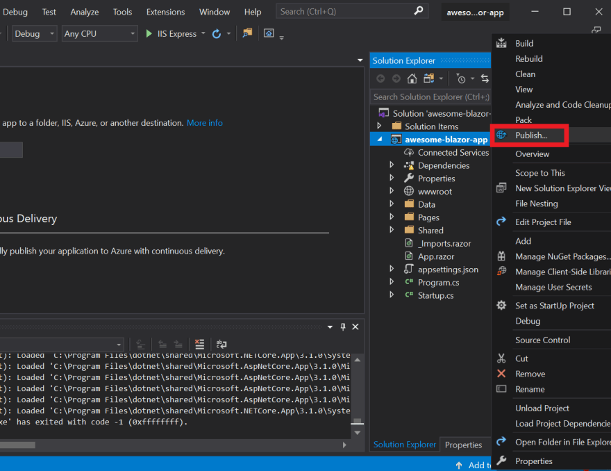 Image showing the context menu after right-clicking the project in Visual Studio 2019