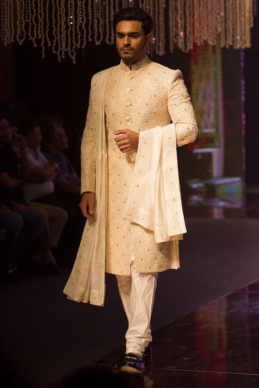 Light Beige Sequins Embroidered Silk Wedding Sherwani Online at Samyakk