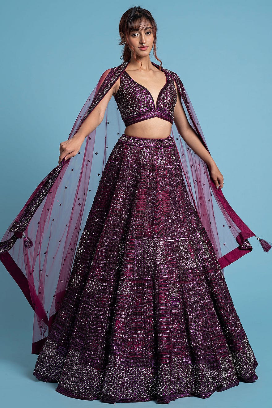 Plum Purple Sequins Embroidered Net Reception Lehenga Online at Samyakk