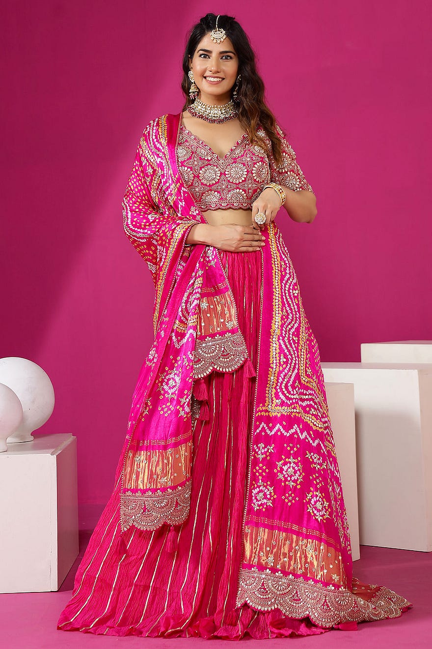 Dark Pink Pearl Embroidered Silk Party Wear Lehenga Online at Samyakk