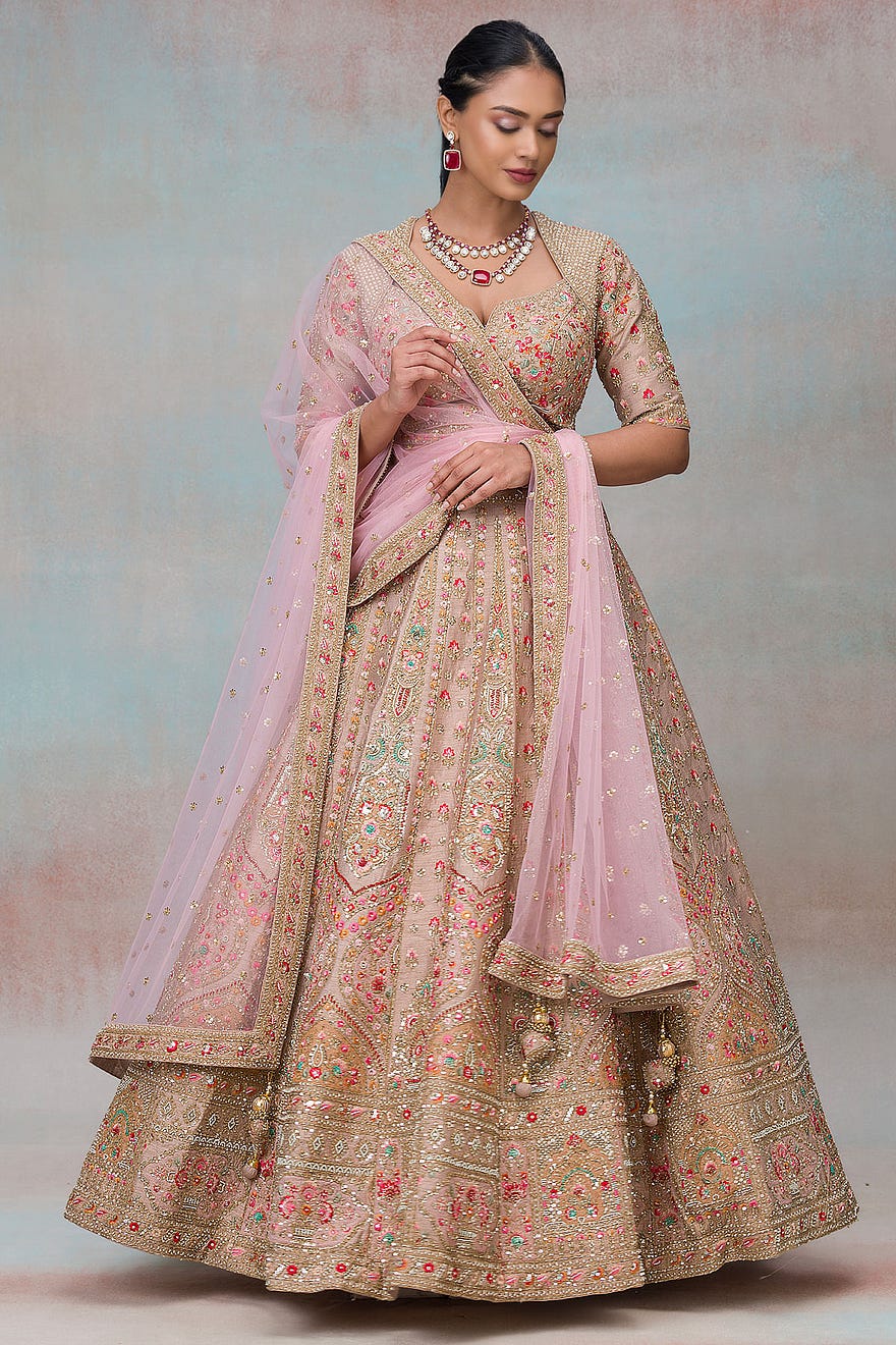 Bone Beige Resham Embroidered Silk Wedding Lehenga Online at Samyakk