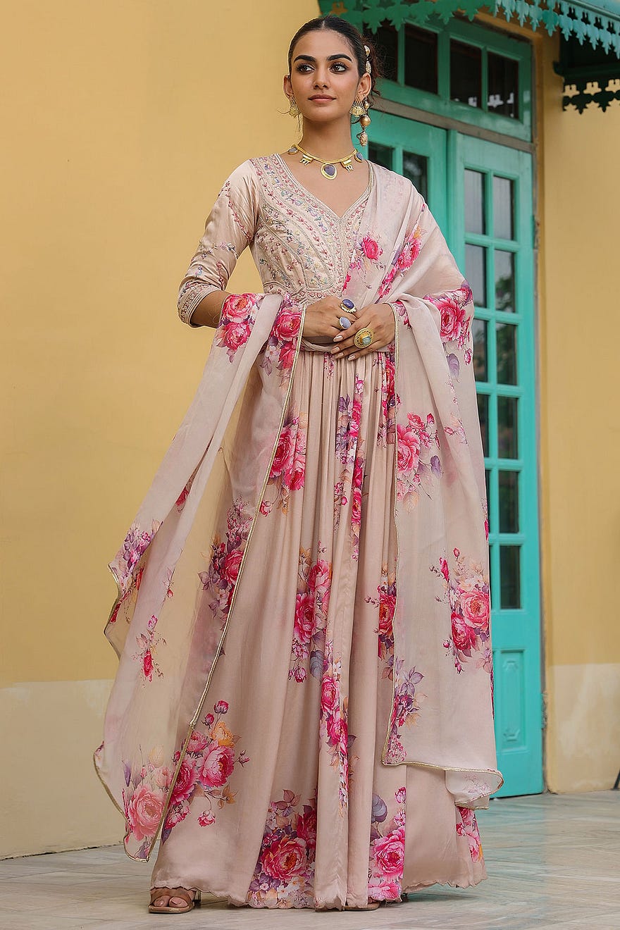 Beige Tissue Anarkali Salwar with Resham Work and Leaf Neck Online at Samyakk