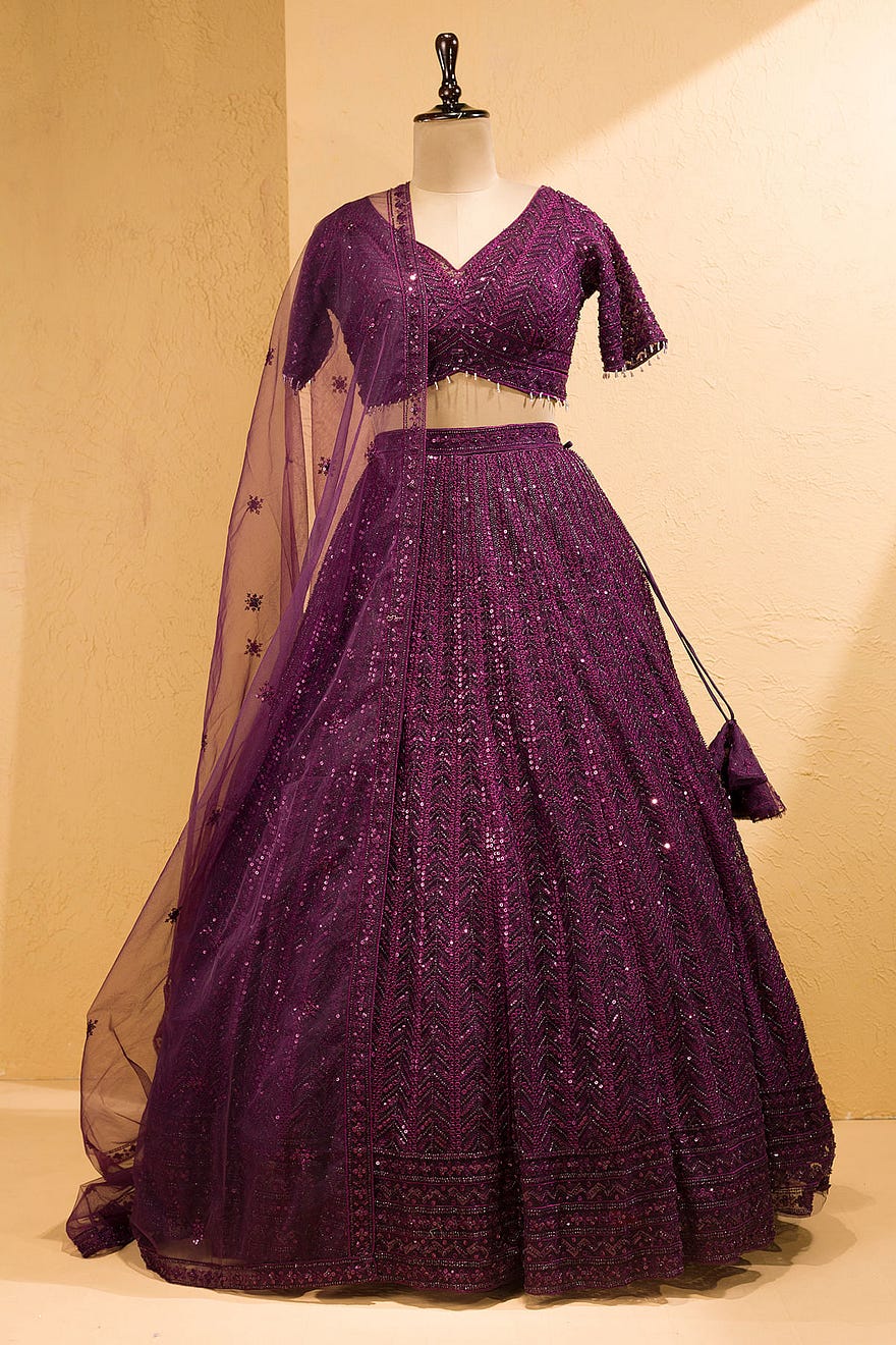 Dark Purple Umbrella Style Net Sangeet Lehenga With Leaf Neck Blouse Online at Samyakk