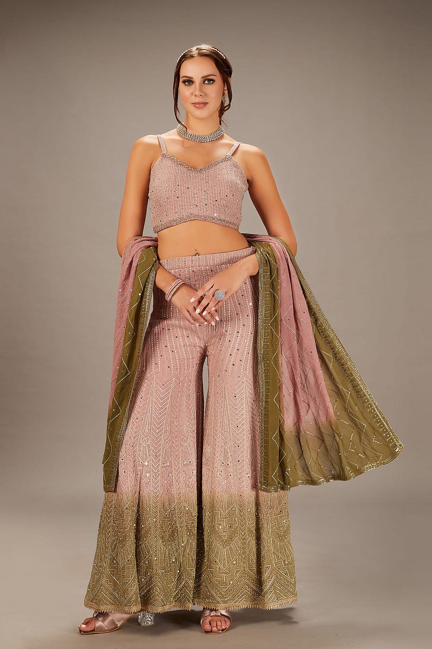 Dusty Rose Pink Georgette Crop Top Suit With Stone Work And Palazzo Pant Online at Samyakk