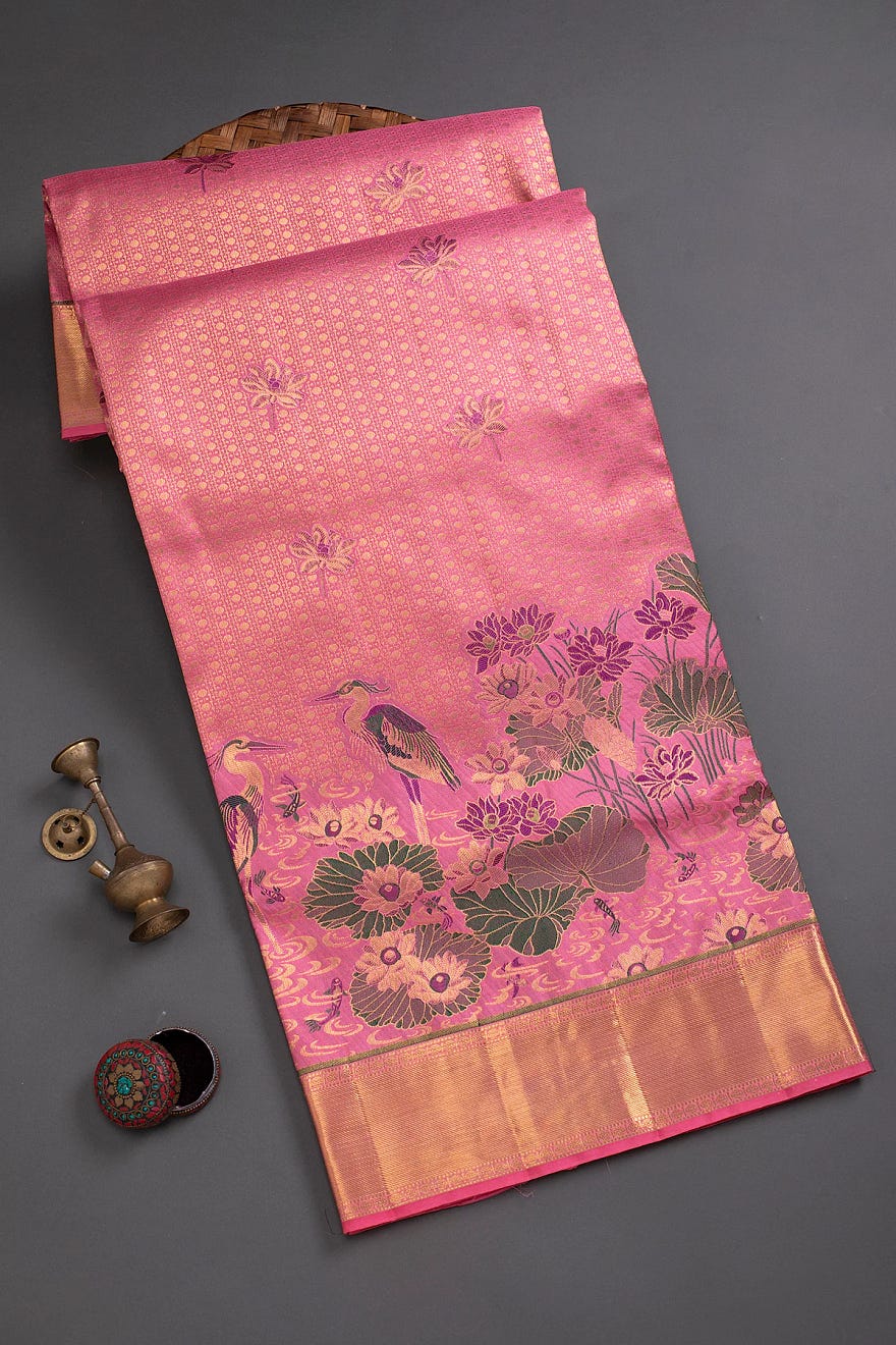 Pink Tested Zari Kanchipuram Silk Saree with Floral Motifs and Unstitched Blouse Online at Samyakk