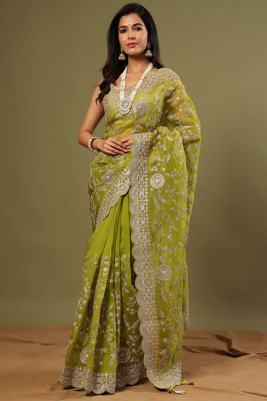 Mehendi Green Gota Embroidered Organza Saree Online at Samyakk