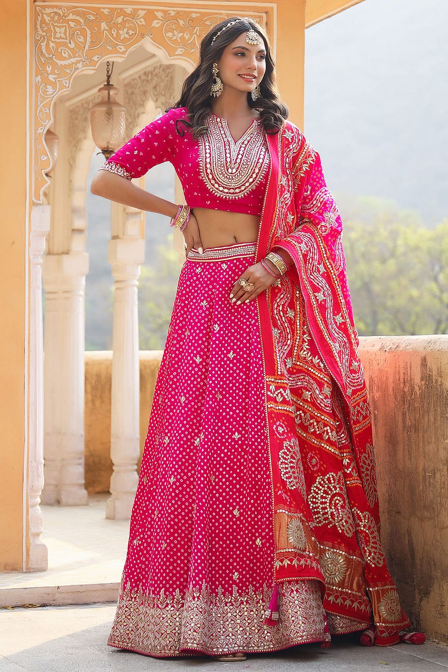 Magenta Pink Gota Embroidered Gajji Silk Party Wear Lehenga Online at Samyakk