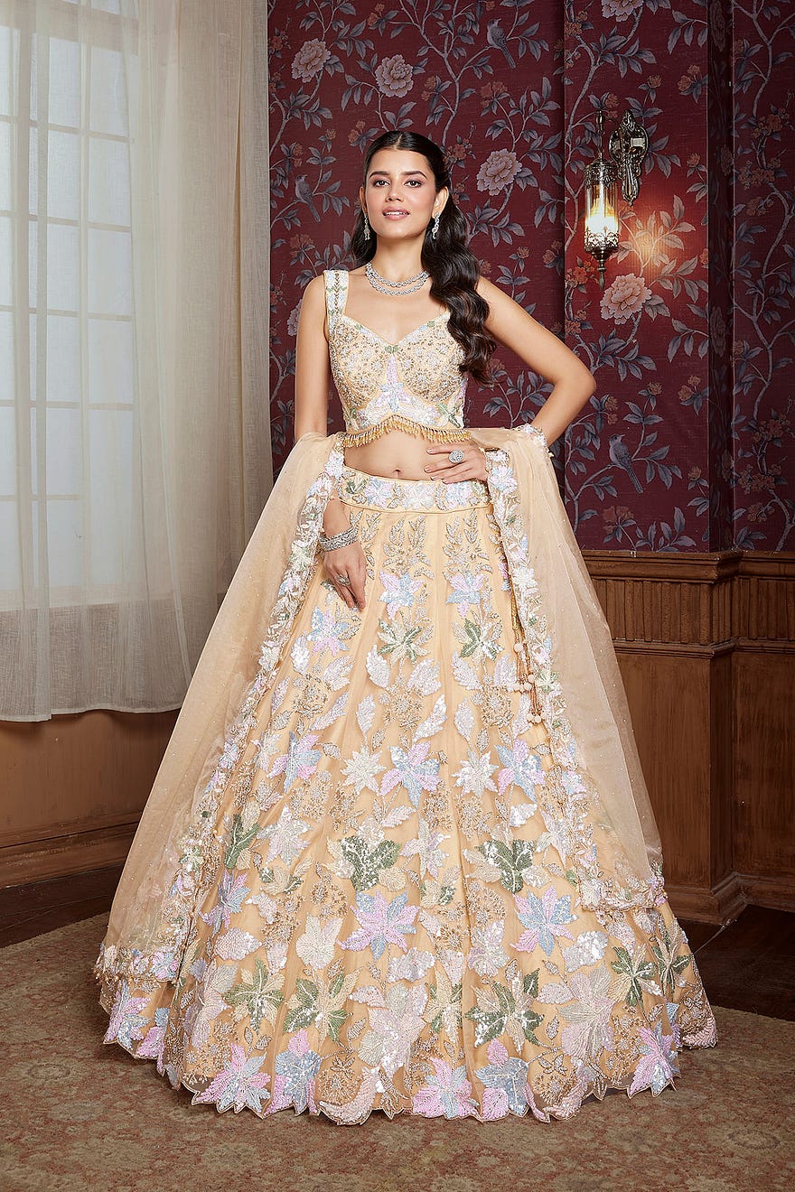 Light Peach Panel Style Net Designer Lehenga With Embroidered Sweet Heart Neck Blouse Online at Samyakk