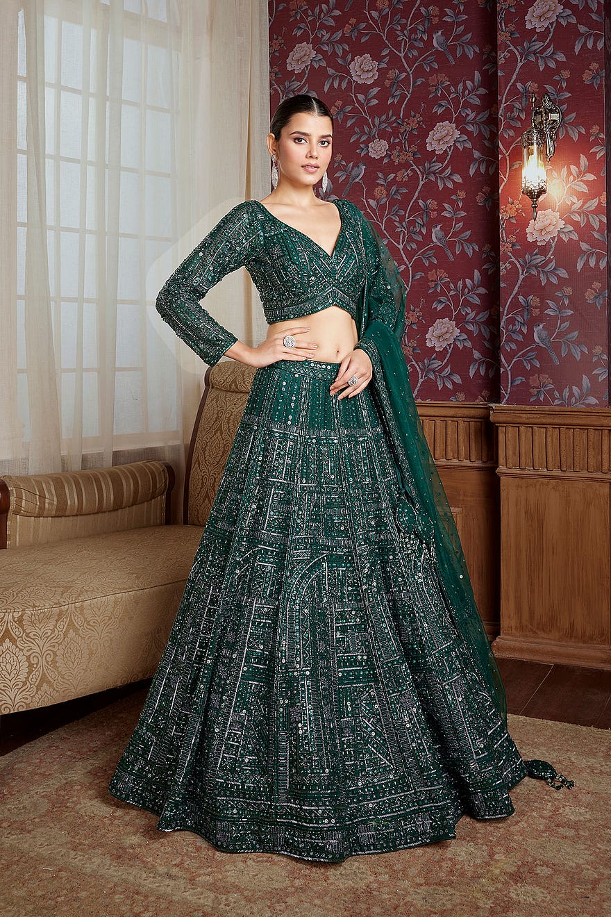 Green Reception Lehenga with Sequins Embroidery and Deep V Neck Blouse Online at Samyakk