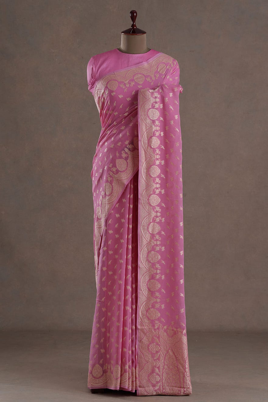 Cotton Candy Pink Zari Woven Banarasi Georgette Saree Online at Samyakk