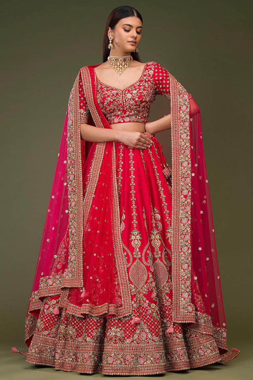 Crimson Red Sequins Embroidered Silk Wedding Lehenga Online at Samyakk