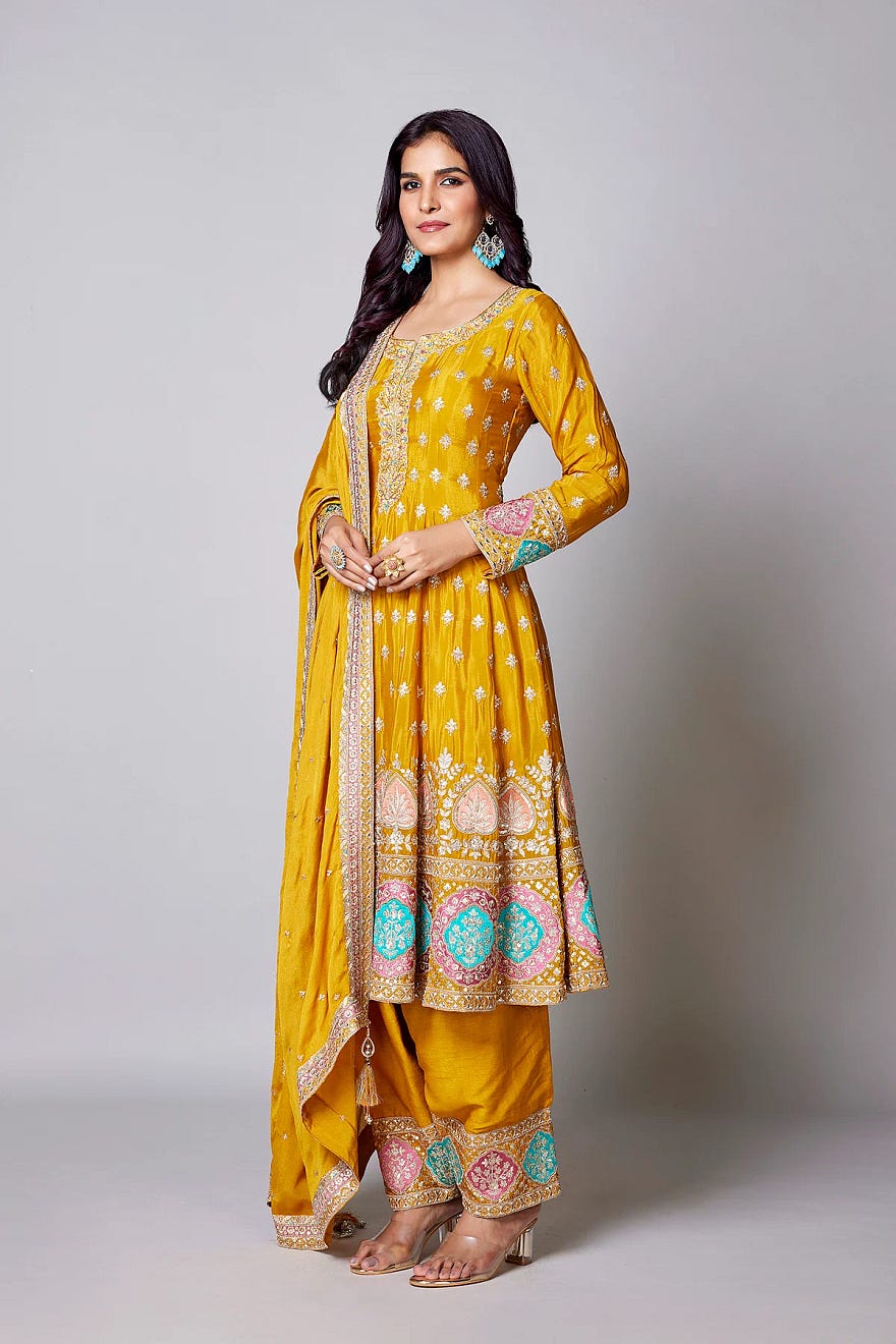 Yellow Crepe Straight Cut Suit With Resham Work And Slit Neck Online at Samyakk