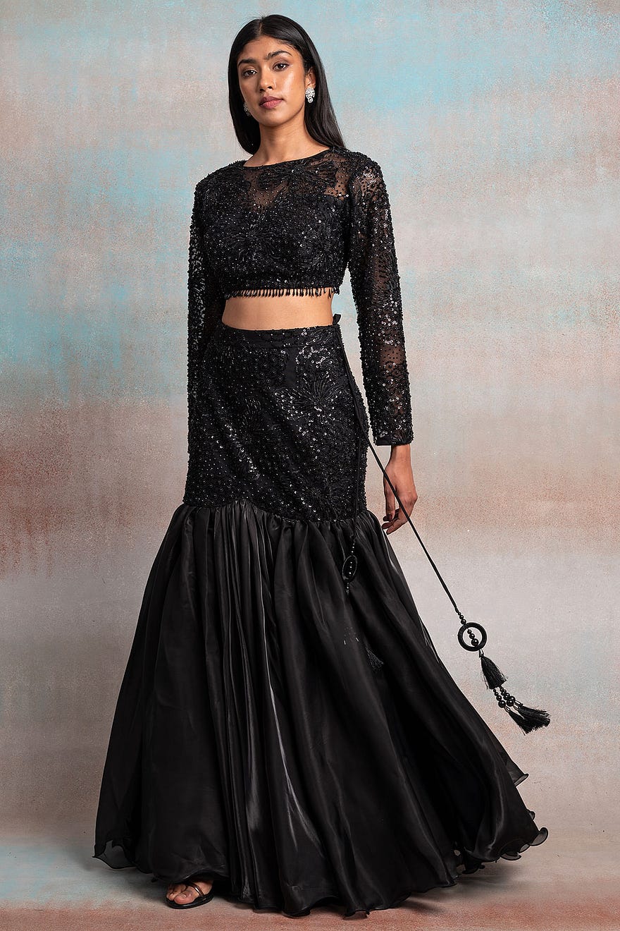 Black Bead Embroidered Glass Tissue Party Wear Lehenga Online at Samyakk