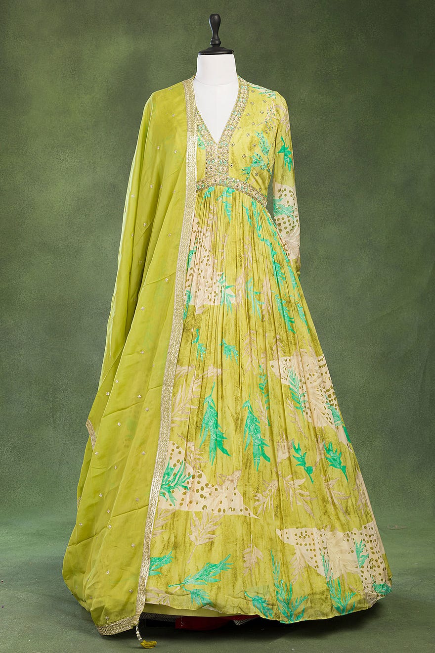 Pastel Green Crepe Anarkali Salwar with Pearl Work and Curve V Neck Online at Samyakk