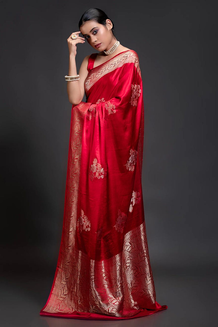 Red Banarasi Satin Silk Saree with Zari Woven and Unstitched Blouse Online at Samyakk