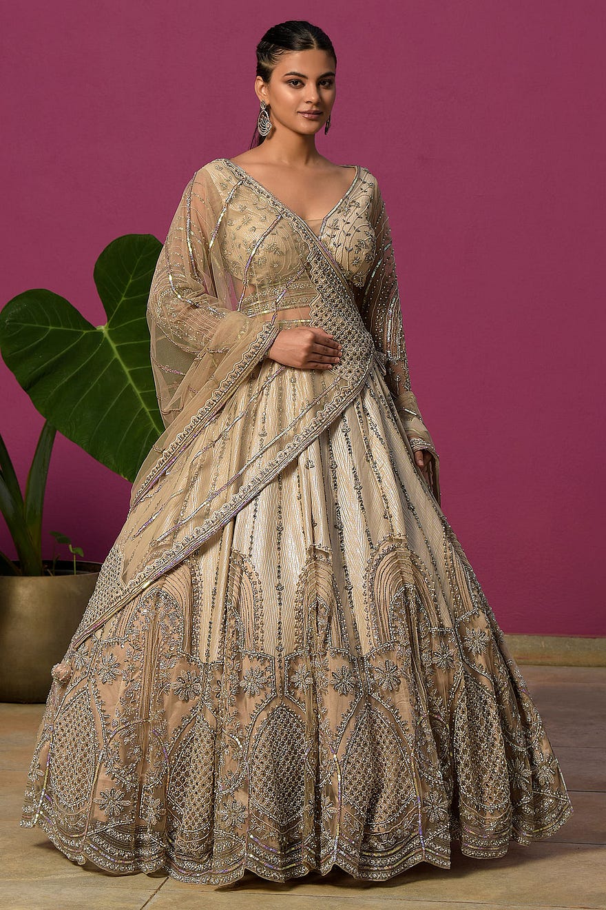 Light Beige Bead Embroidered Net Wedding Lehenga Online at Samyakk