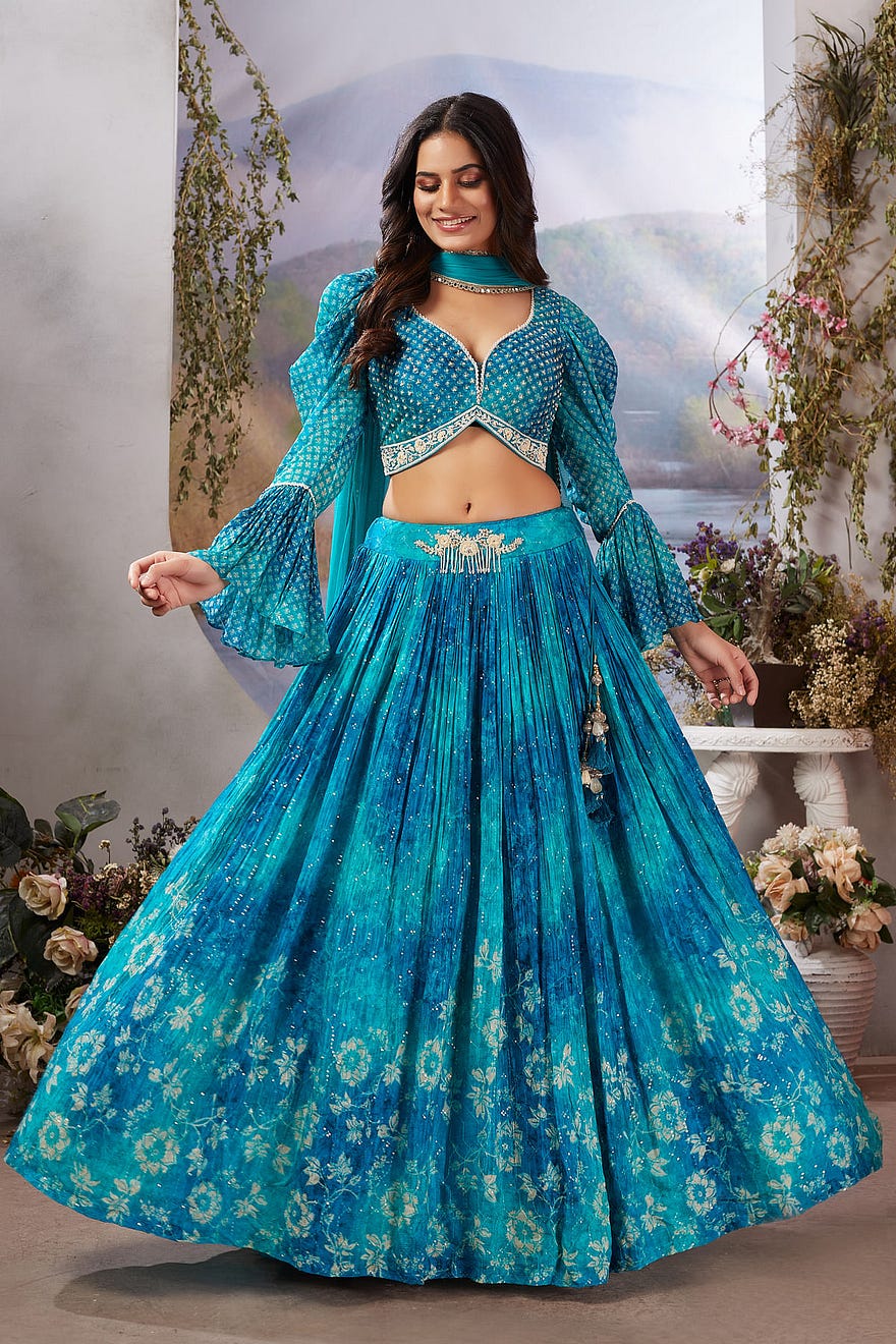 Blue Shaded Designer Lehenga with Pearl Work & Bell Sleeves Online at Samyakk