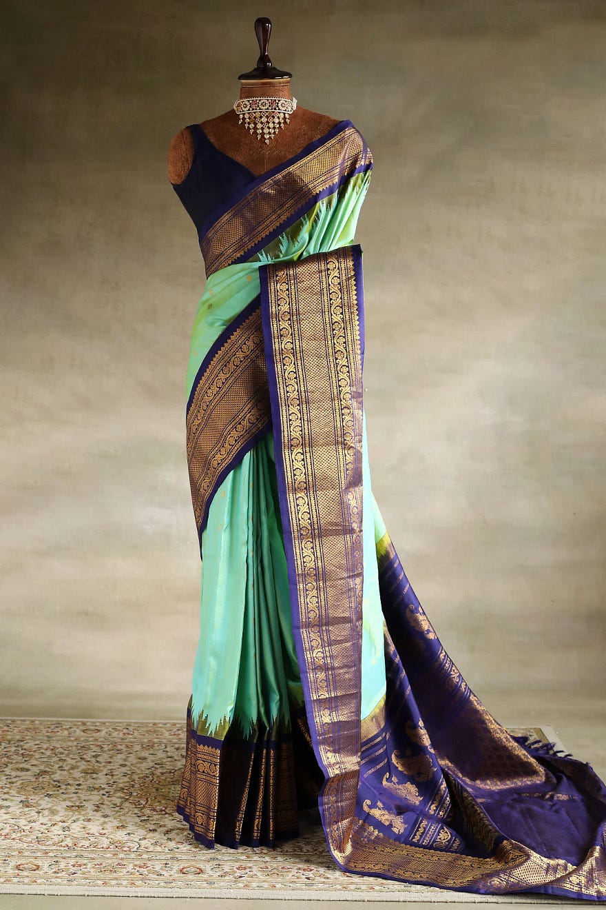 Blue & Yellow Dual Tone Zari Woven Gadwal Silk Saree Online at Samyakk