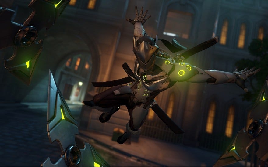 Genji throws his shurikens towards the camera