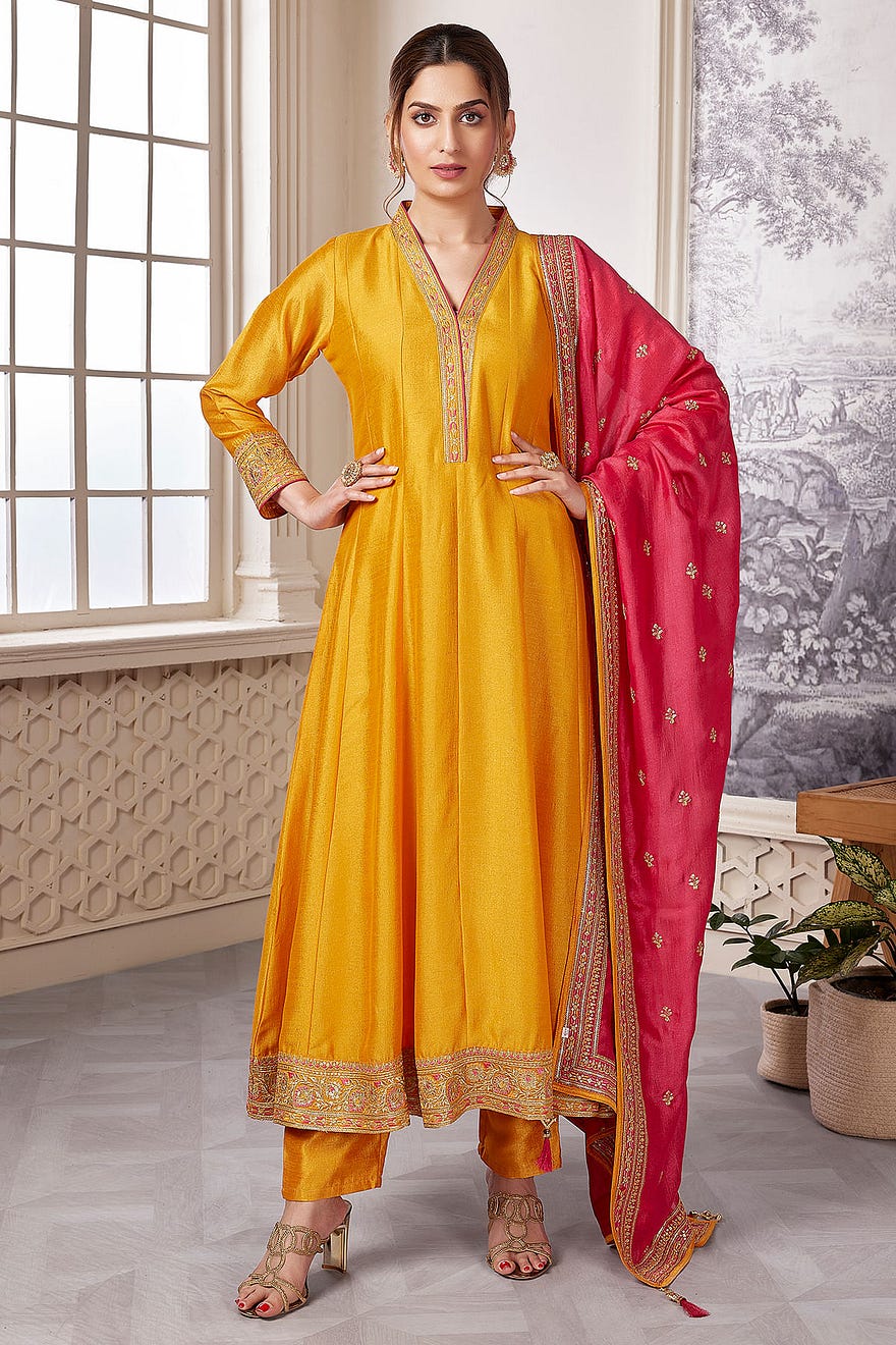 Old Gold Yellow Sequins Embroidered Silk Festive Salwar Kameez Online at Samyakk