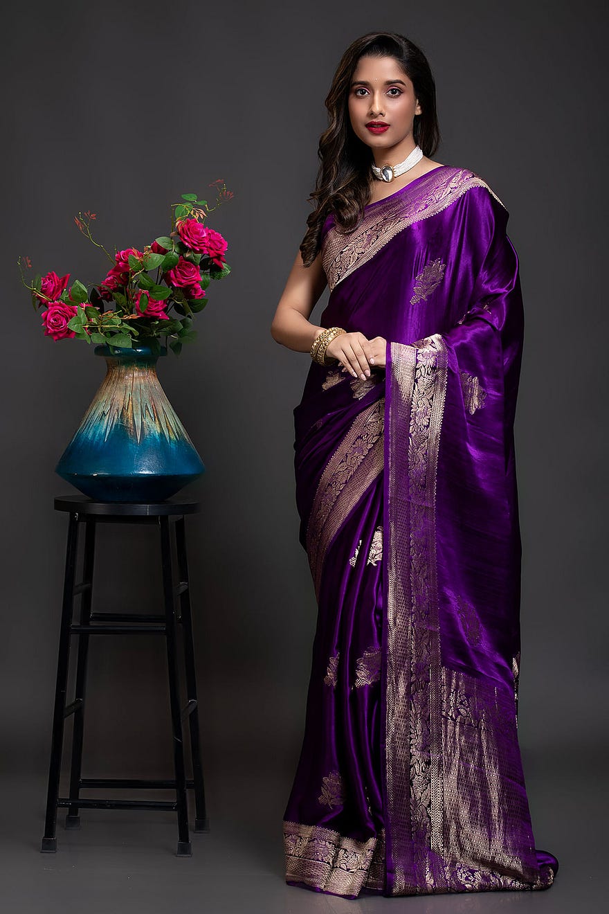 Imperial Purple Banarasi Satin Silk Saree with Zari Woven and Unstitched Blouse Online at Samyakk