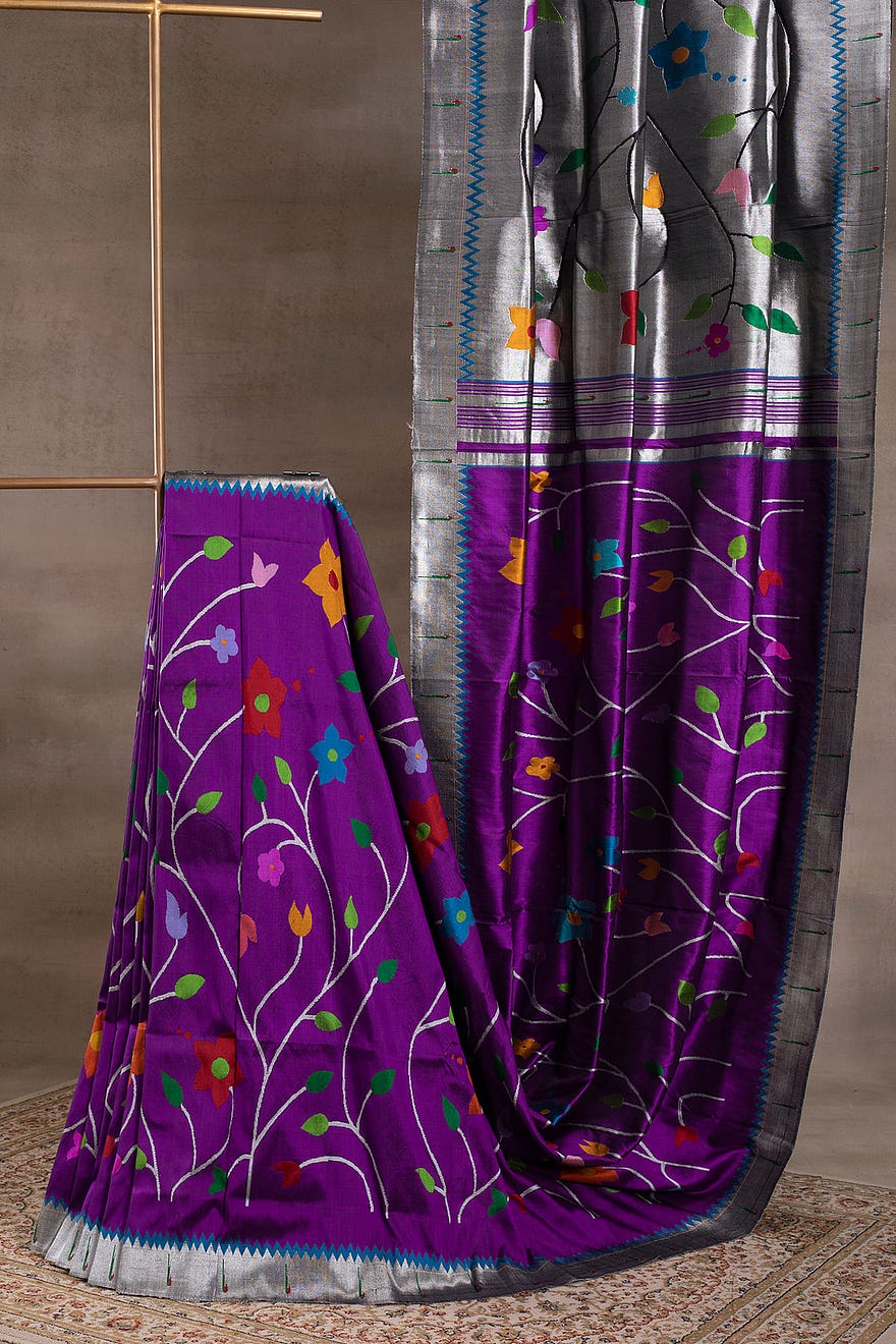 Purple Zari Woven Paithani Silk Saree WithMulticolor Pallu And Unstitched Blouse Online at Samyakk