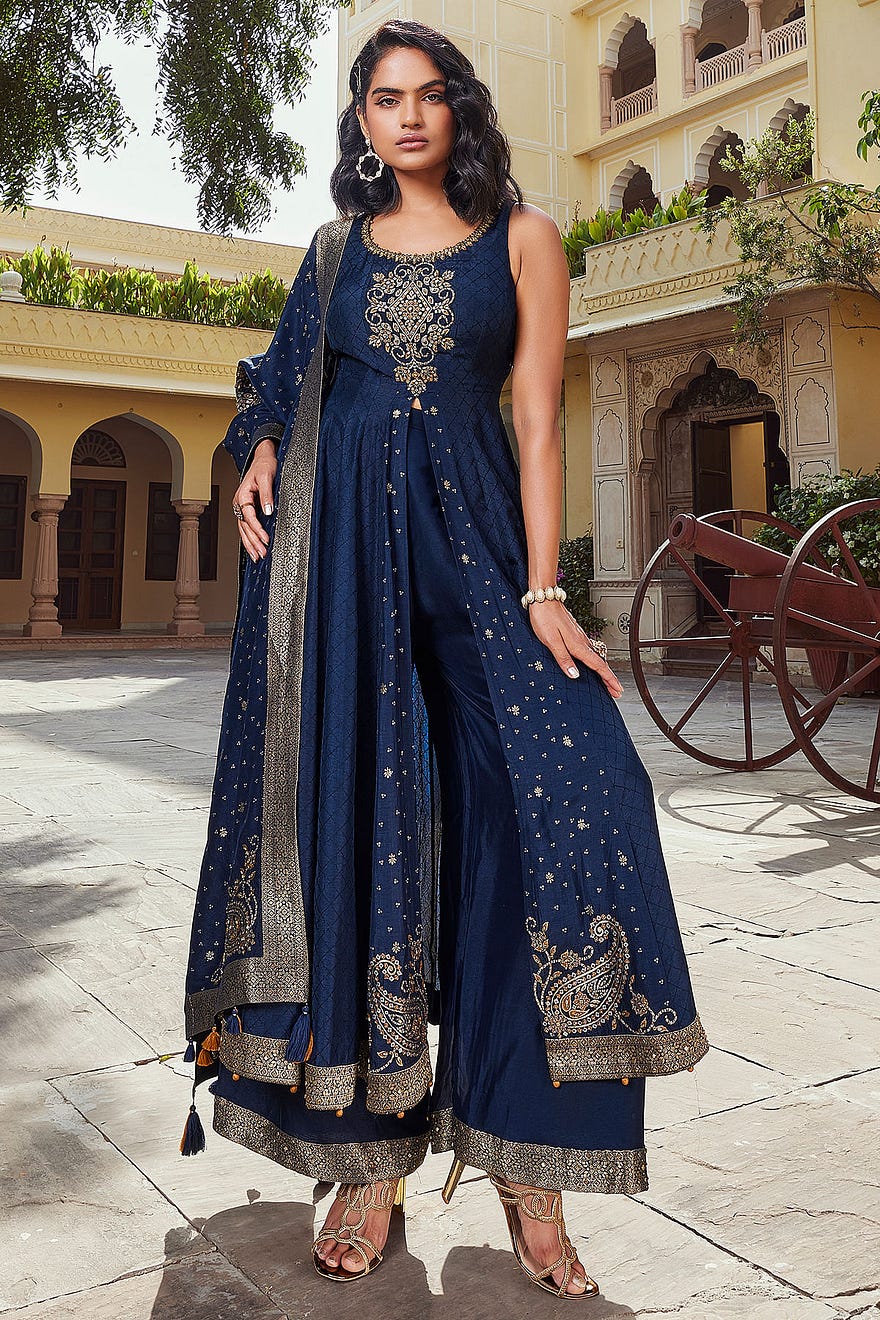 Navy Blue Sequins Embroidered Crepe Palazzo Suit Online at Samyakk