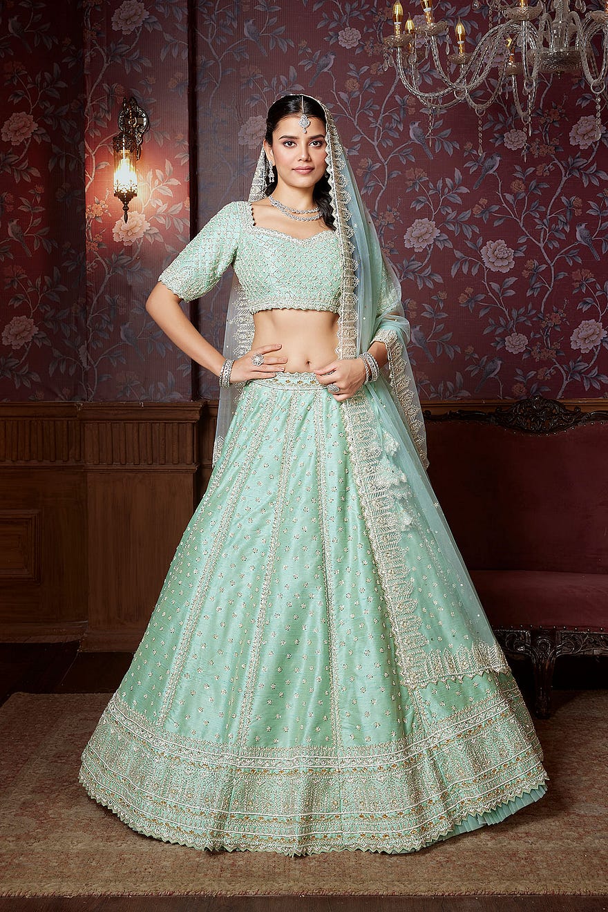 Green Sangeet Lehenga with Sequins Embroidery and Pentagon Neck Blouse Online at Samyakk