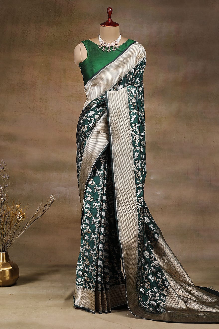 Dark Green Zari Woven Tapestry Banarasi Silk Saree Online at Samyakk