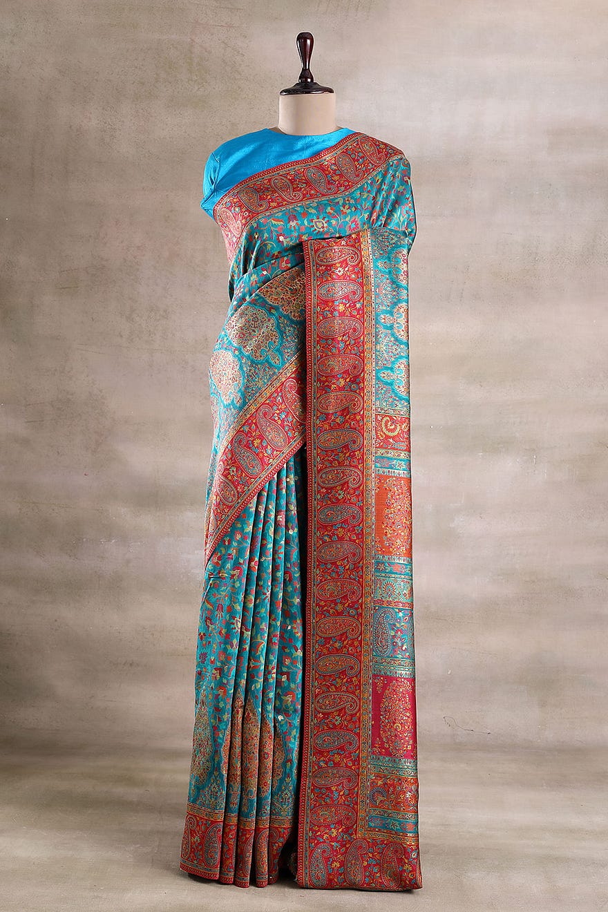 Blue Pashmina Silk Saree with Unstitched Blouse Online at Samyakk