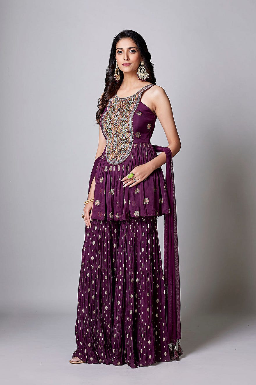 Purple Silk Sharara Suit With Sequins Work And U Neck Online at Samyakk