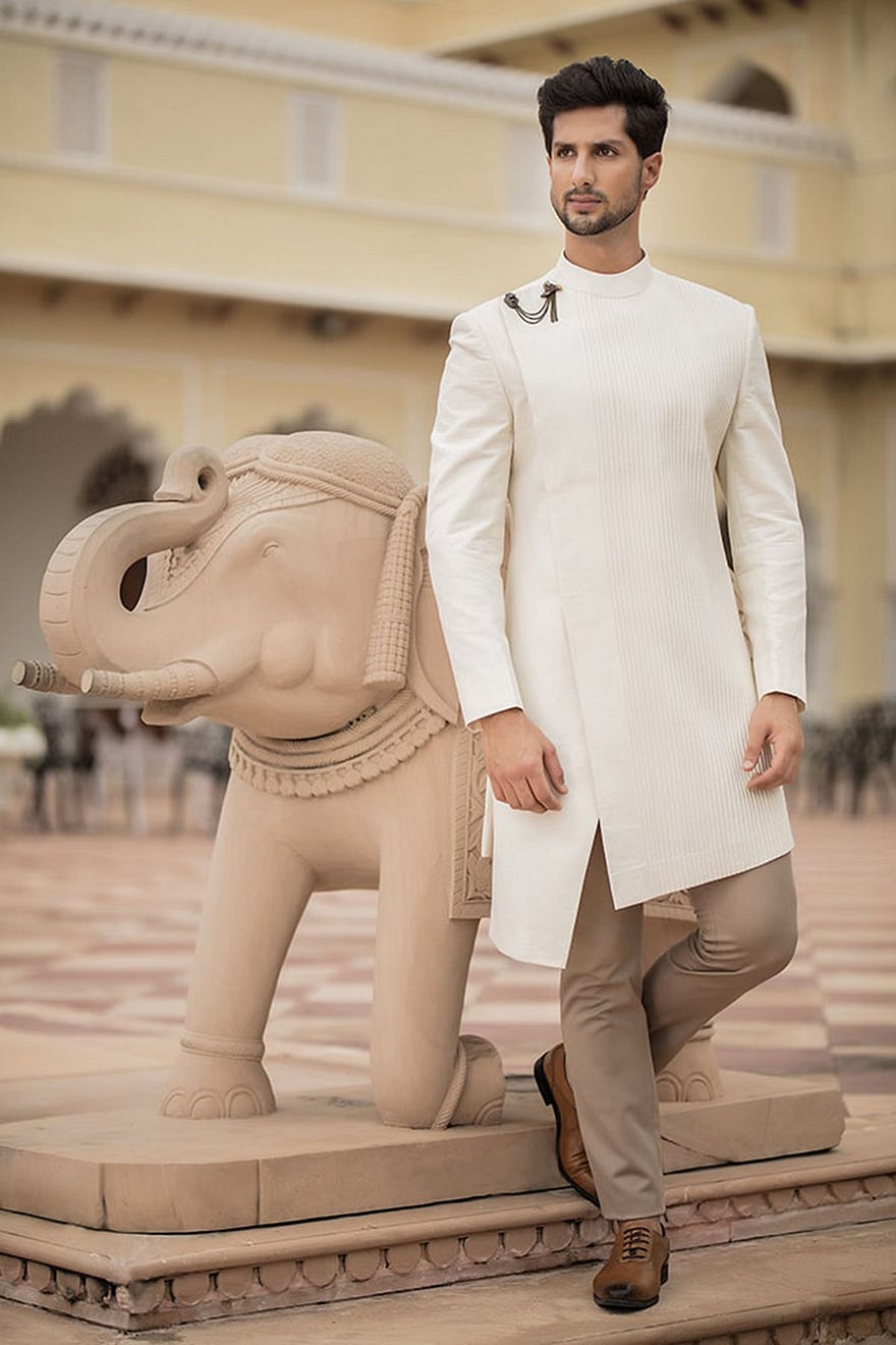 Ivory White Woven Silk IndoWestern Sherwani Online at Samyakk