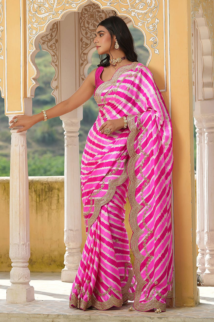 Pink & Off-White Gota Embroidered Silk Saree Online at Samyakk