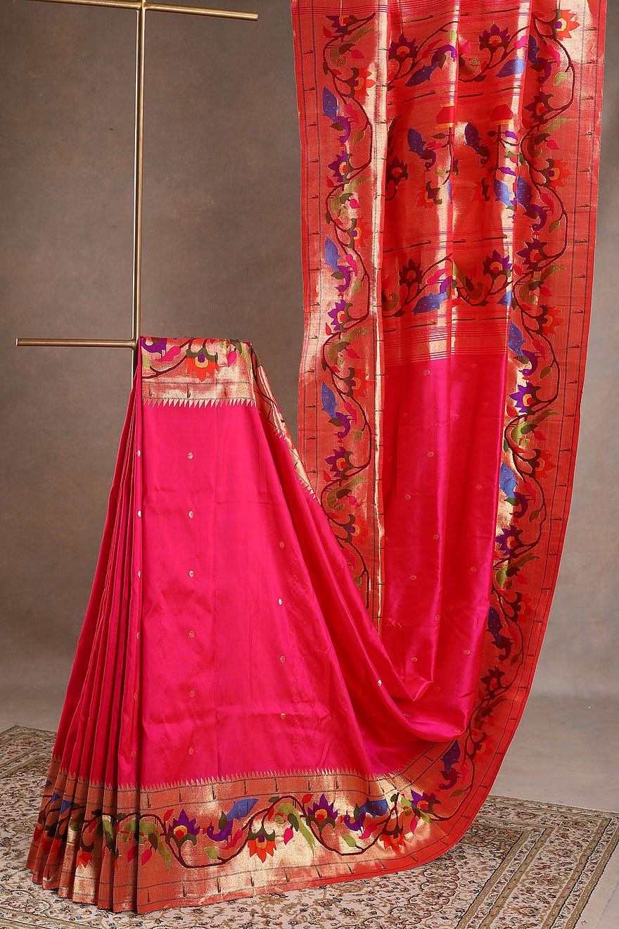 Pink & Red Dual Tone Paithani Silk Saree With Zari Woven And Unstitched Blouse Online at Samyakk