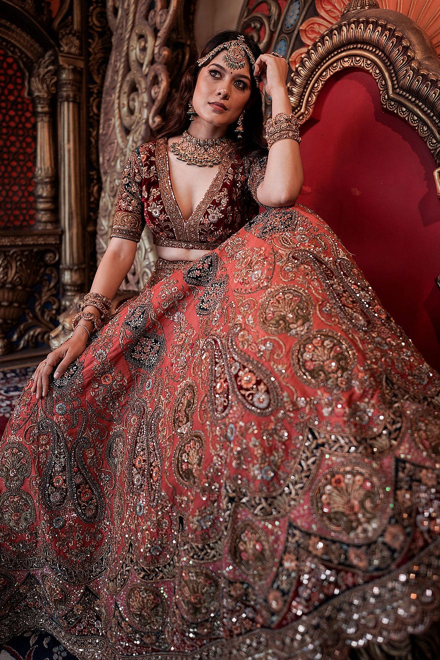 Buy Asha Bhat Rust Orange Sequins Embroidered Raw Silk Bridal Lehenga Online at Samyakk