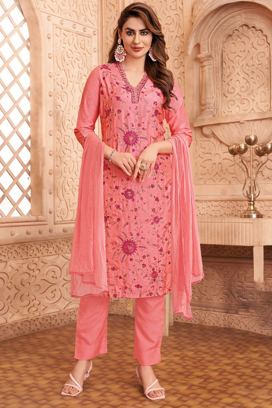 Pink Silk Straight Cut Suit with Resham Work and V Neck Online at Samyakk