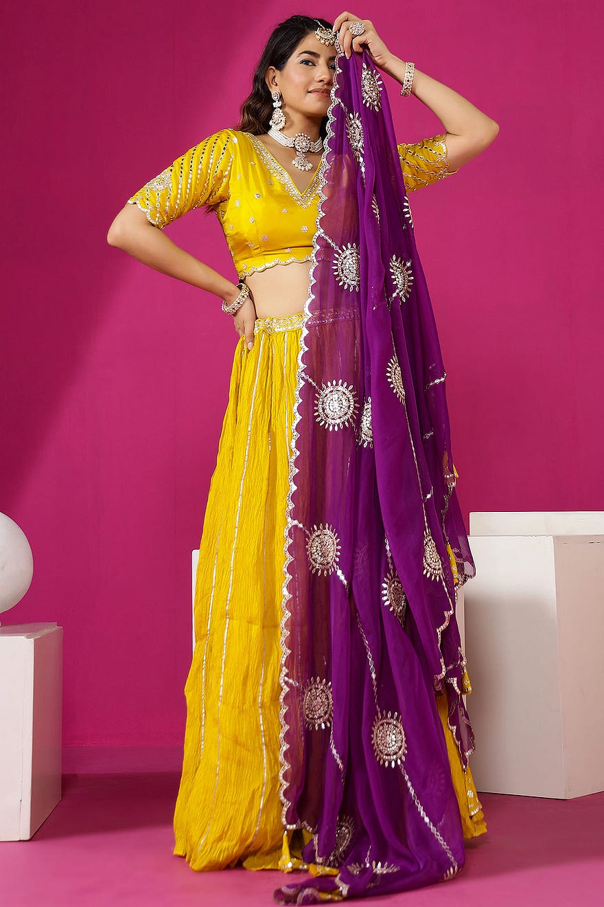 Mustard Yellow Pearl Embroidered Silk Party Wear Lehenga Online at Samyakk