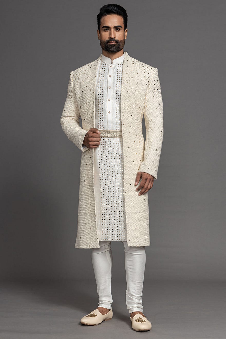 White Thread Embroidered Silk Wedding Sherwani Online at Samyakk