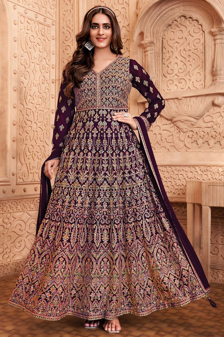 Maroon Georgette Anarkali Salwars with Resham Work and V Neck Online at Samyakk