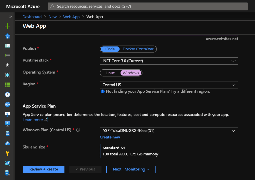 Image showing options for hosting Web App in Azure