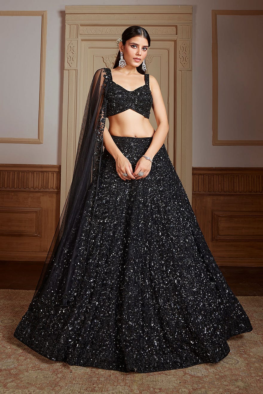 Black Umbrella Style Net Bridesmaids Lehenga With Embroidered Pentagon Neck Blouse Online at Samyakk