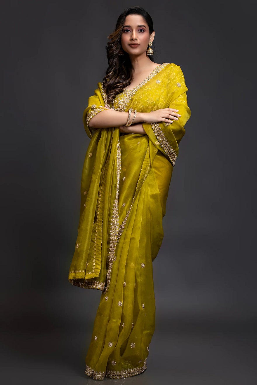 Olive Green Orgaza Designer Saree with Zardosi Work and U Neck Blouse Online at Samyakk