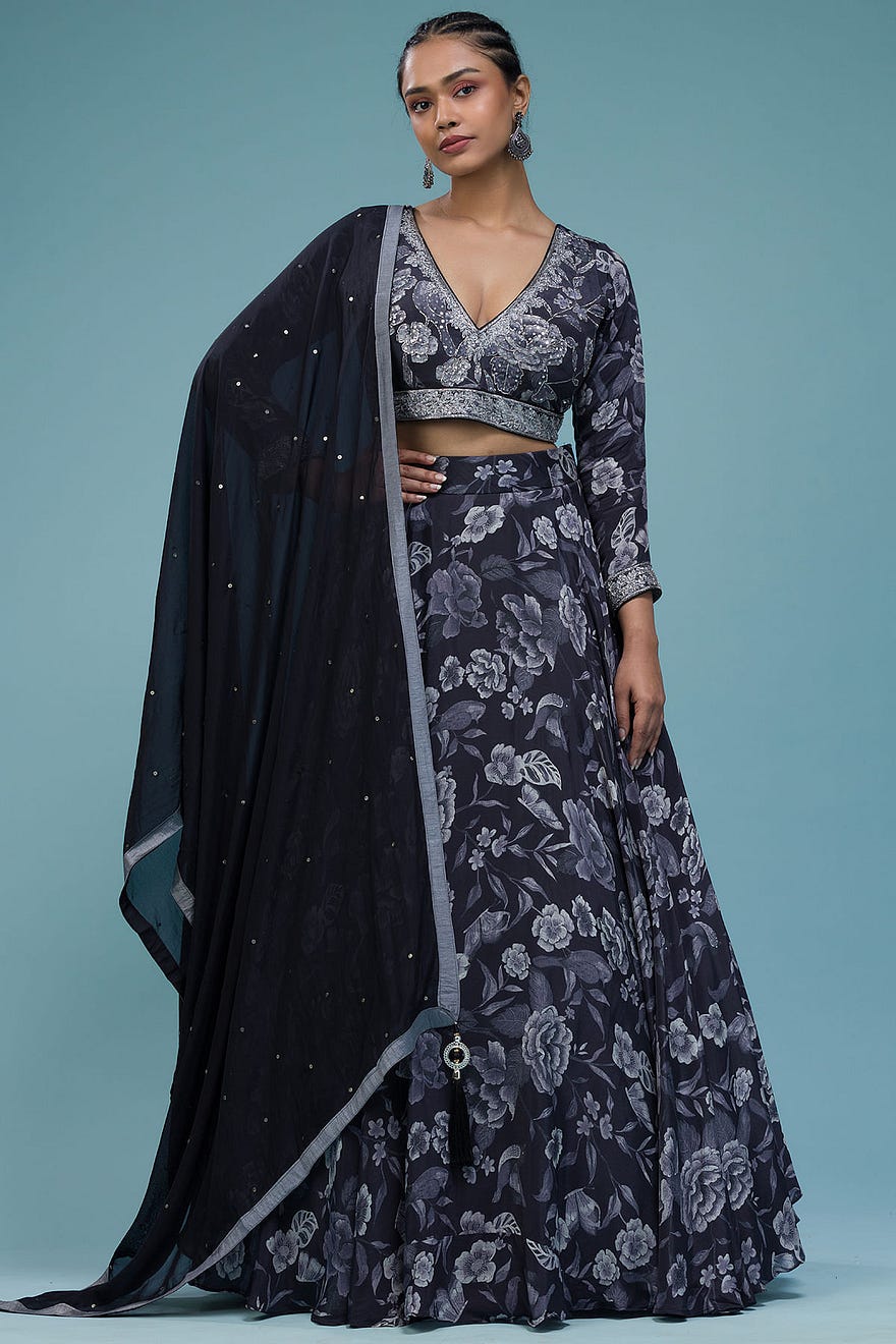 Black Floral Printed Crepe Designer Lehenga Online at Samyakk