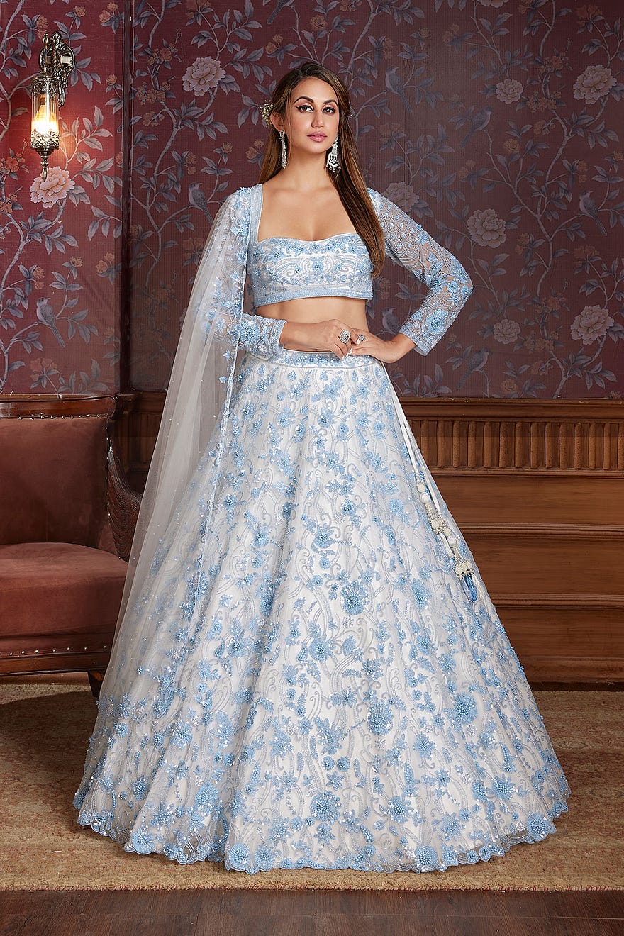 Buy White Umbrella Style Net Engagement Lehenga With Embroidered Square Neck Blouse Online at Samyakk