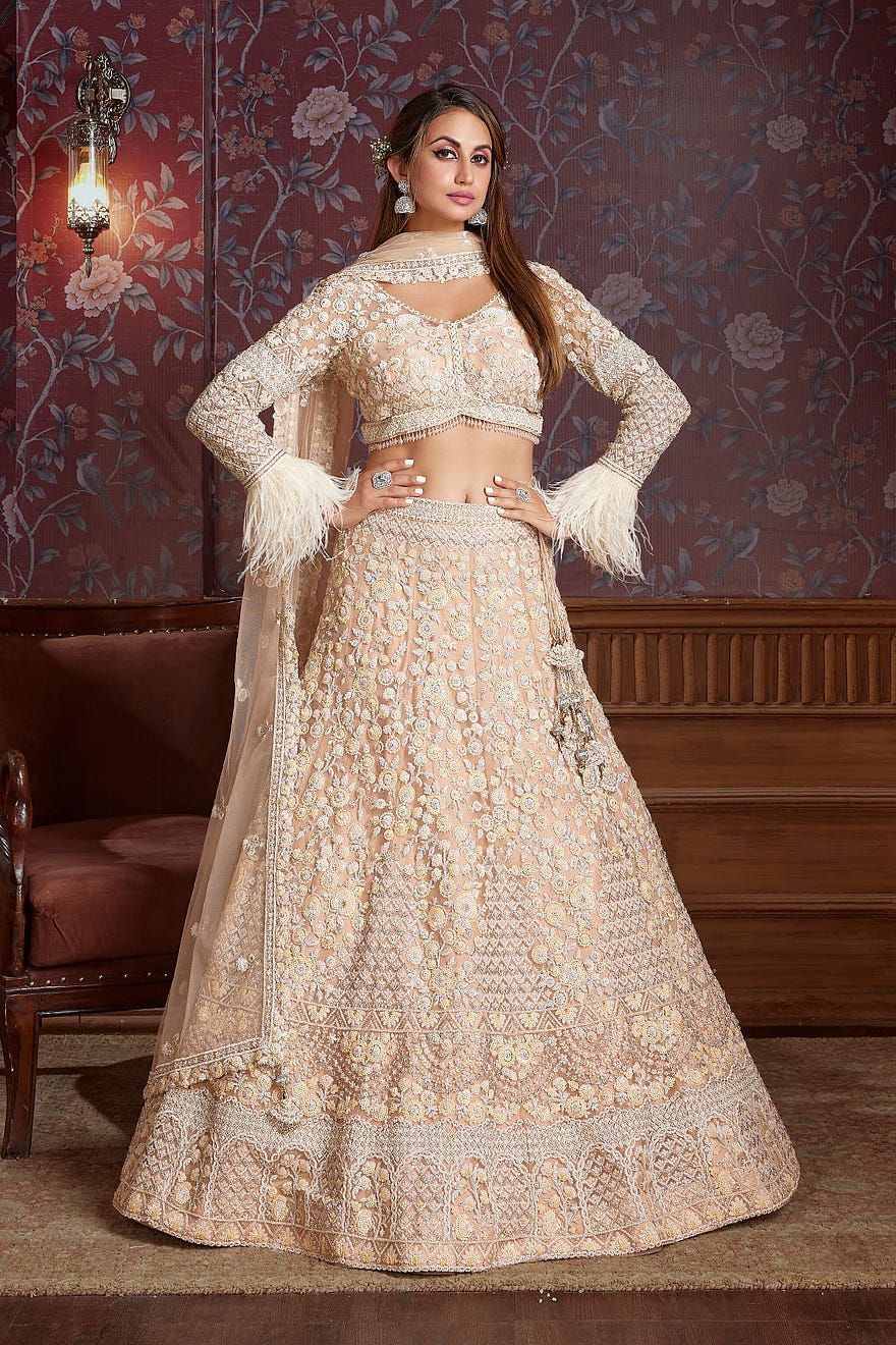 Light Peach Panel Style Net Reception Lehenga With Embroidered Curve V Neck Blouse Online at Samyakk