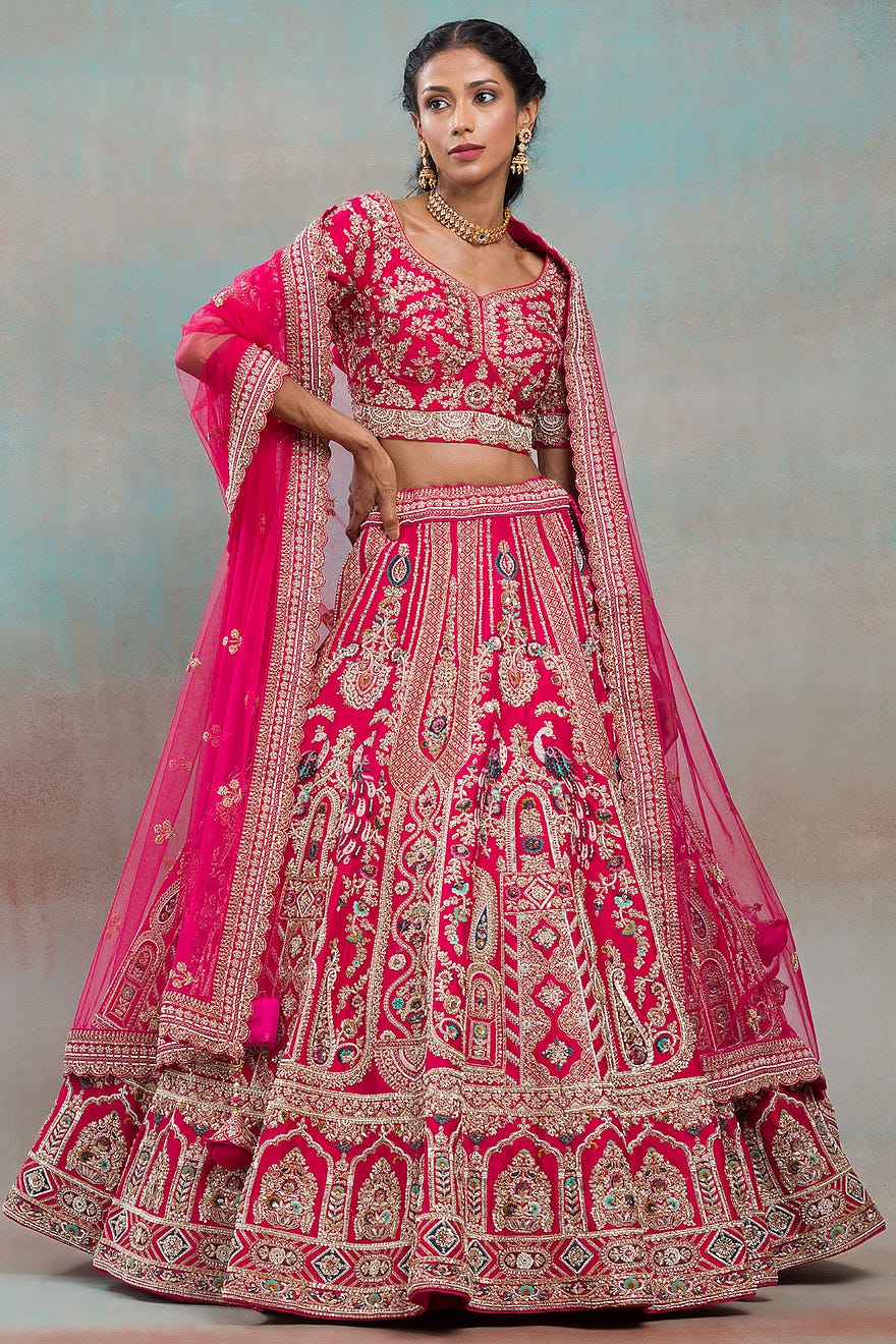 Virtual Pink Sequins Embroidered Raw Silk Bridal Lehenga Online at Samyakk