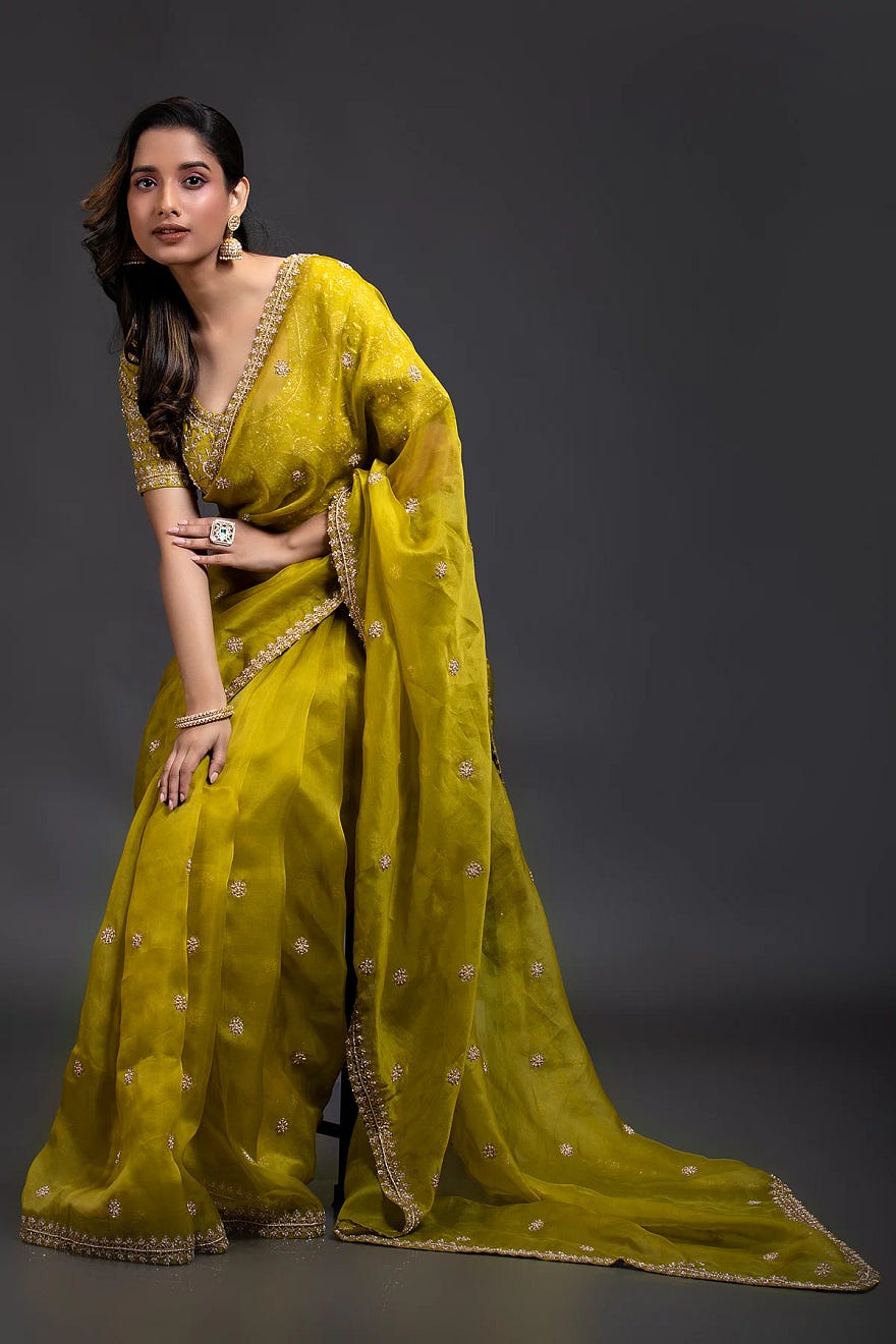 Olive Green Orgaza Designer Saree with Zardosi Work and U Neck Blouse Online at Samyakk